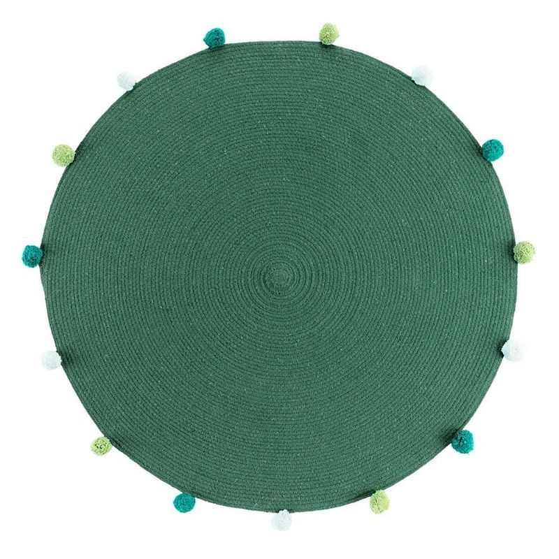 Foto van Orange85 decoratief rond kleed - laagpolig - carpet - 90x90cm - groen - groene pompons - polyester