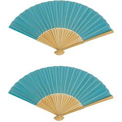 Foto van Spaanse handwaaier - 4x - special colours - turquoise blauw - bamboe/papier - 21 cm - verkleedattributen