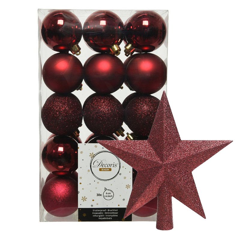 Foto van 30x stuks kunststof kerstballen 6 cm inclusief ster piek donkerrood - kerstbal