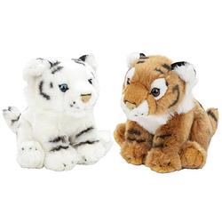 Foto van Zachte pluche knuffels 2x stuks - bruine en witte tijger van 18 cm - knuffeldier