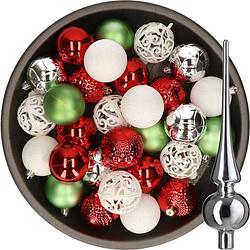 Foto van 37x stuks kunststof kerstballen 6 cm incl. glazen piek wit-rood-zilver-groen - kerstbal