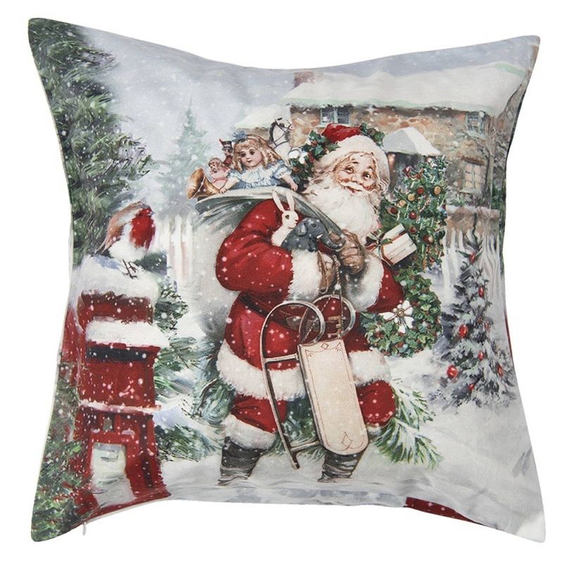 Foto van Clayre & eef kussenhoes 45*45 cm wit polyester vierkant kerstman sierkussenhoes kussen hoes wit sierkussenhoes kussen