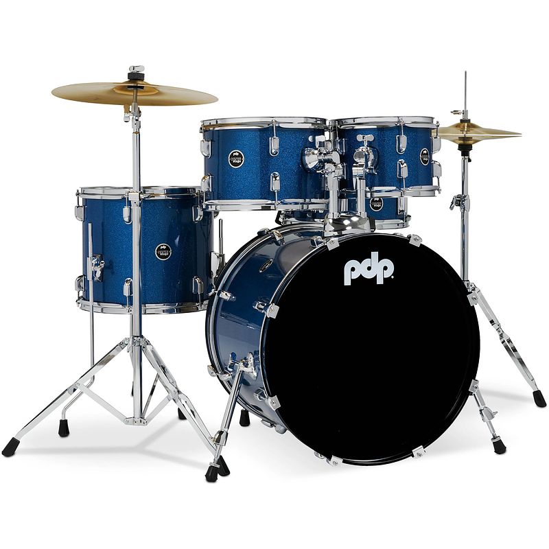 Foto van Pdp drums center stage fusion royal blue sparkle 5d. drumstel met bekkens en hardware