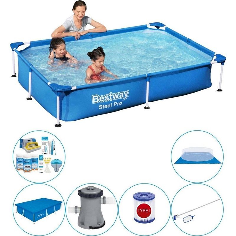 Foto van Bestway steel pro rechthoekig zwembad - 221 x 150 x 43 cm - blauw - inclusief accessoires