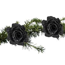 Foto van 2x stuks kerstboom decoratie bloemen roos zwart glitter op clip 10 cm - kunstbloemen