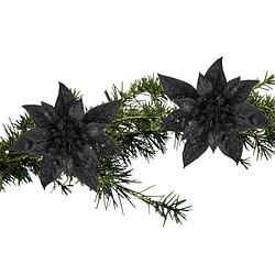 Foto van 2x stuks kerstboom bloemen kerstster zwart glitter op clip 15 cm - kunstbloemen