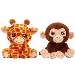 Foto van Keel toys - pluche knuffel dieren vriendjes set giraffe en chimpansee aapje 25 cm - knuffeldier