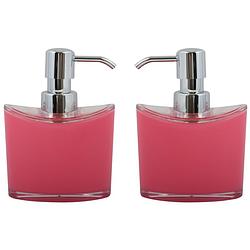 Foto van Msv zeeppompje/dispenser aveiro - 2x - ps kunststof - fuchsia roze/zilver - 11 x 14 cm - 260 ml - zeeppompjes