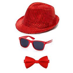Foto van Carnaval verkleed set glitter hoed bril en strikje rood - verkleedhoofddeksels