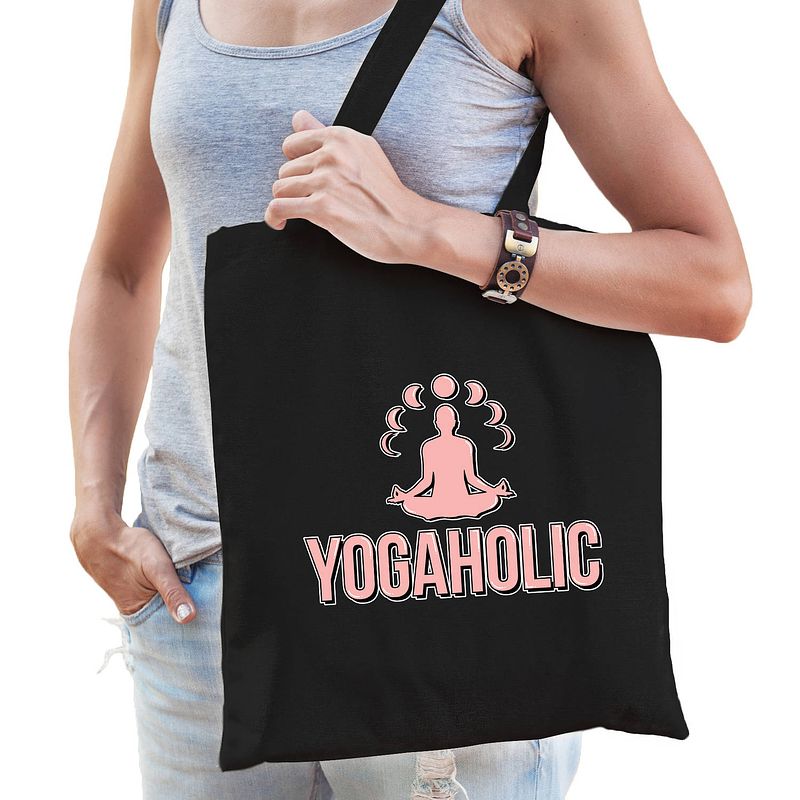 Foto van Yogaholic katoenen tas zwart voor volwassenen - sport / hobby tasjes - feest boodschappentassen