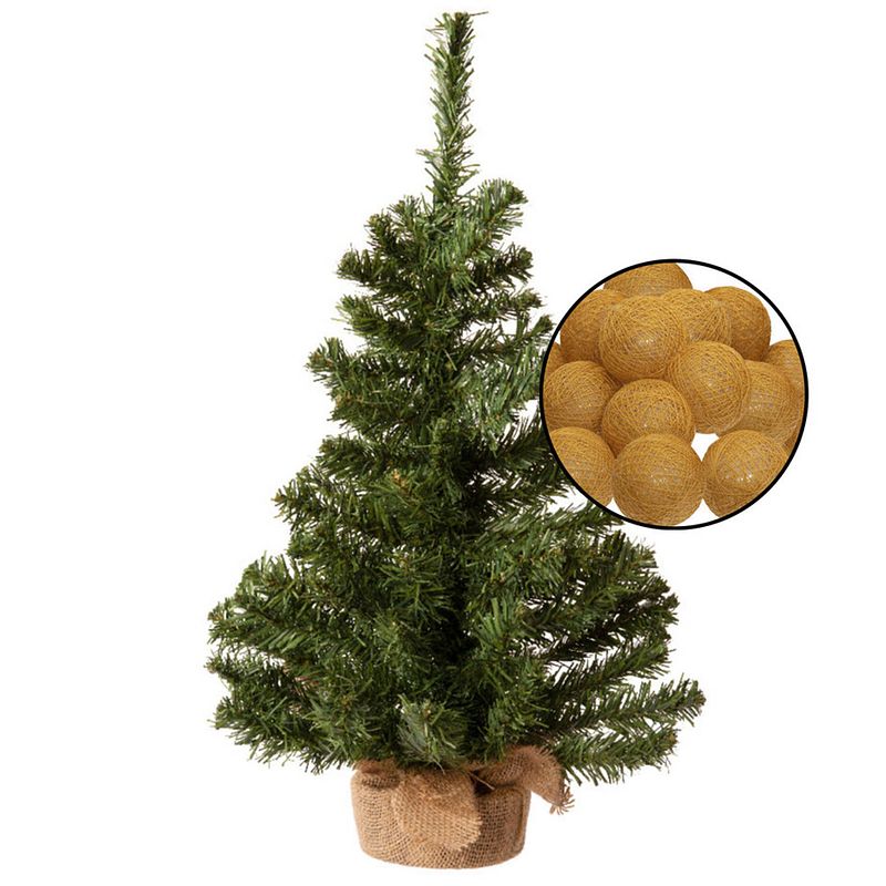 Foto van Mini kerstboom groen met verlichting - in jute zak - h60 cm - okergeel - kunstkerstboom