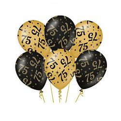Foto van 6x stuks leeftijd verjaardag feest ballonnen 75 jaar geworden zwart/goud 30 cm - ballonnen