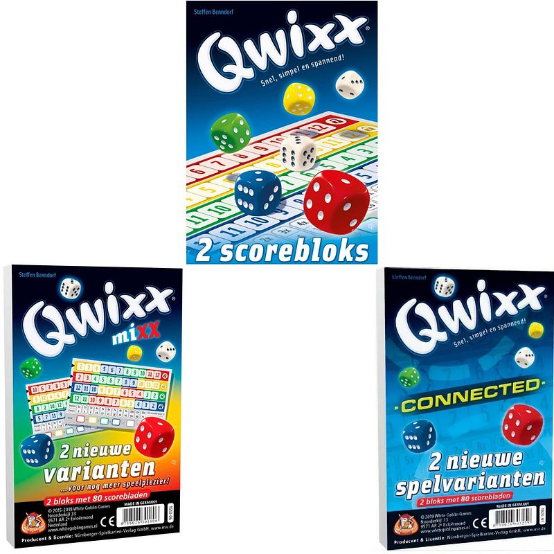 Foto van Spellenbundel - 3 stuks - dobbelspel - qwixx scoreblocks & qwixx mixx & qwixx connected