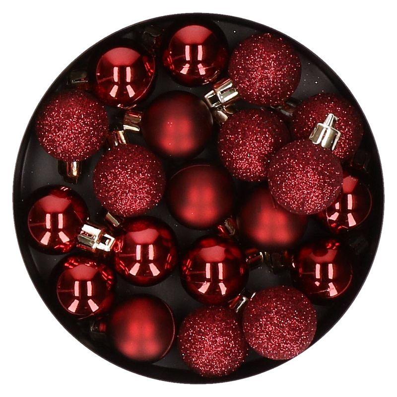 Foto van 60x stuks kleine kunststof kerstballen donkerrood 3 cm - kerstbal