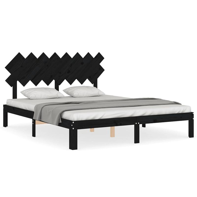 Foto van The living store bedframe - grenenhout - zwart - 203.5 x 163.5 x 80.5 cm - met multiplex lattenbodem