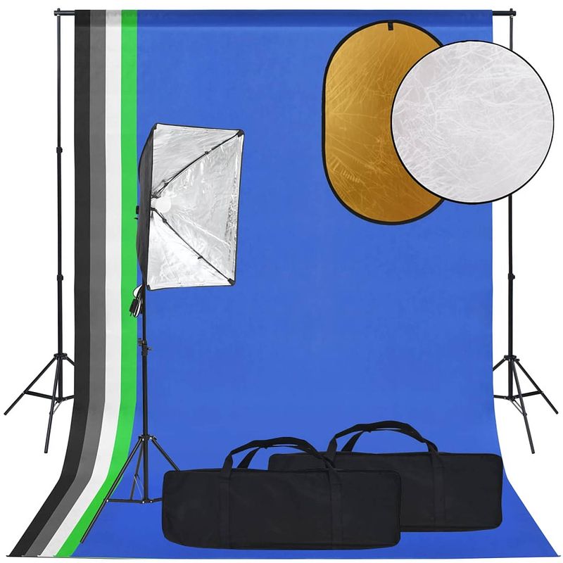 Foto van Vidaxl fotostudioset met softboxlamp, achtergrond en reflector