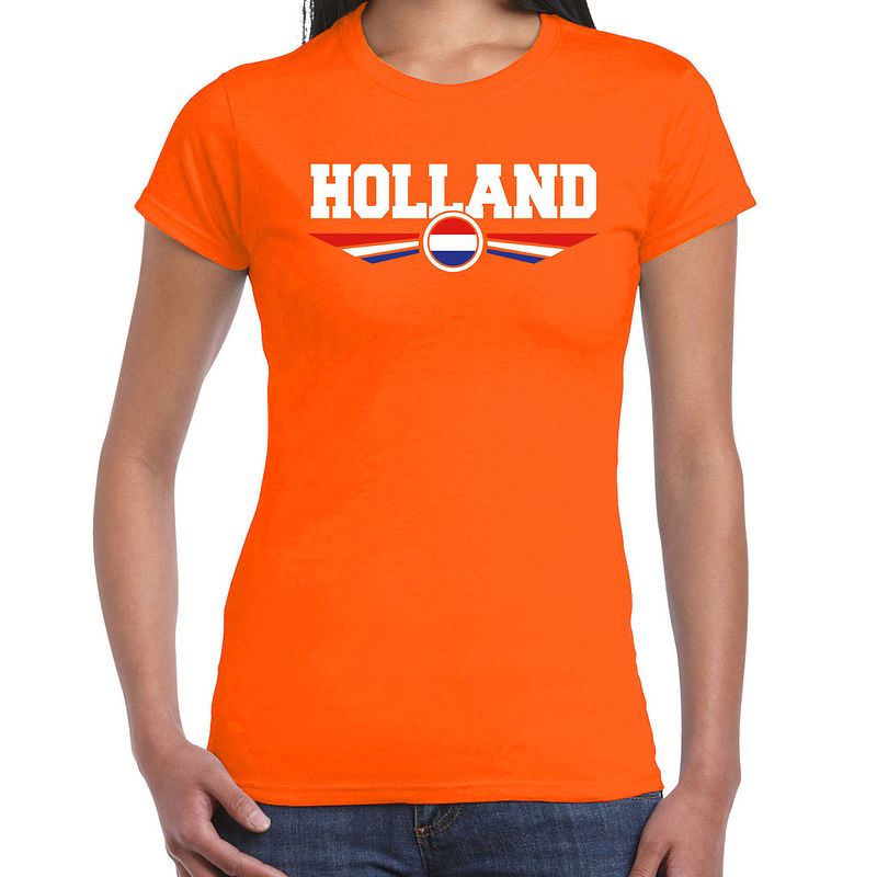 Foto van Holland landen / voetbal shirt met wapen in de kleuren van de nederlandse vlag oranje voor dames 2xl - feestshirts