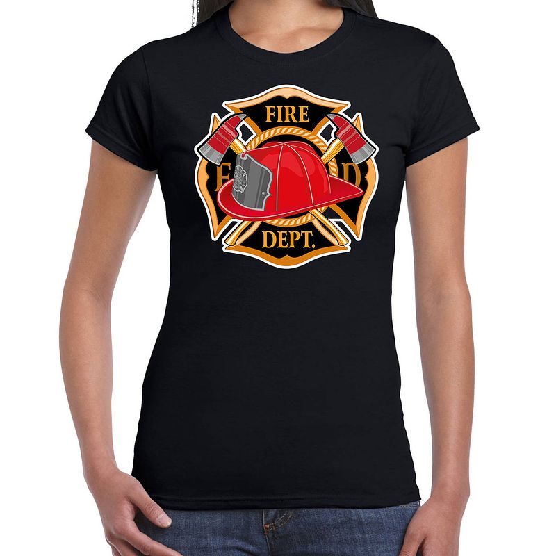 Foto van Carnaval brandweervrouw / brandweer shirt / kostuum zwart voor dames s - feestshirts