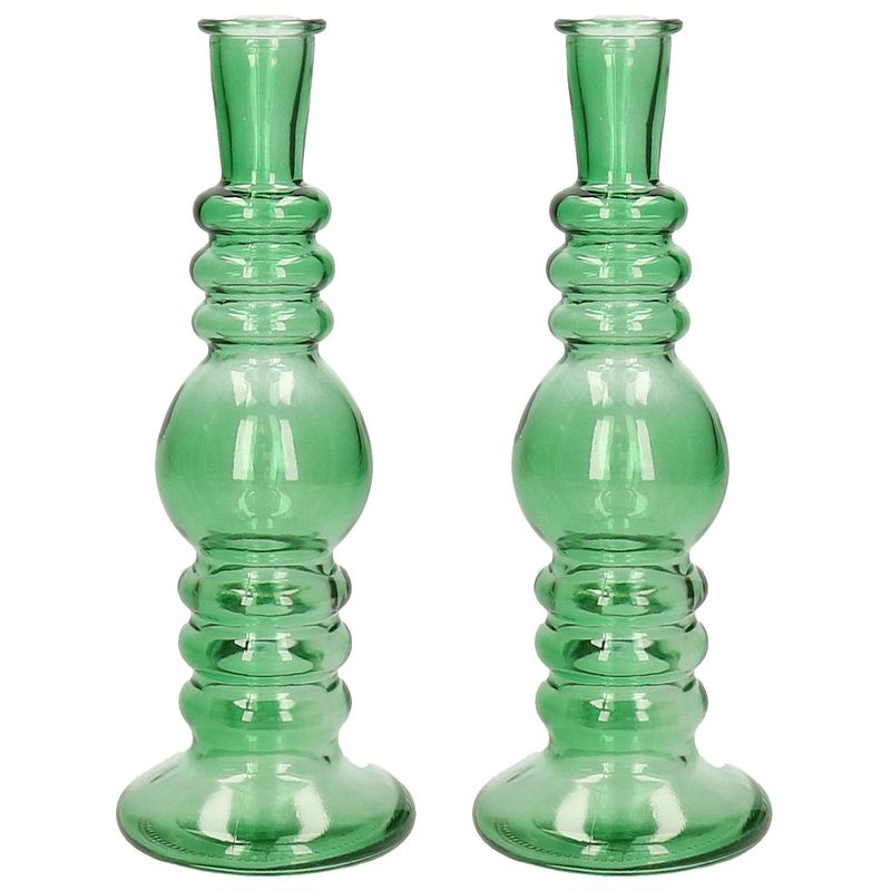 Foto van Kaarsen kandelaar florence - 2x - groen glas - helder - d8,5 x h23 cm - kaars kandelaars