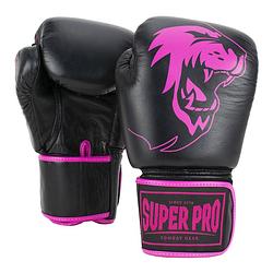 Foto van Super pro combat gear warrior lederen (kick)bokshandschoenen - zwart/roze - 6 oz