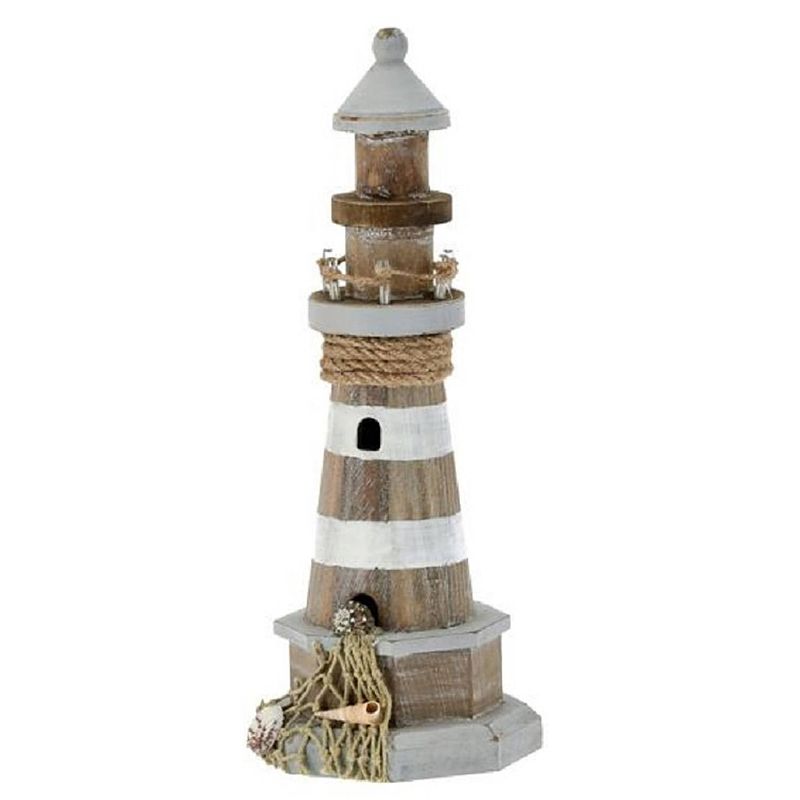 Foto van Houten/witte vuurtoren beeldje met led lampjes 29 cm maritieme decoratie - beeldjes