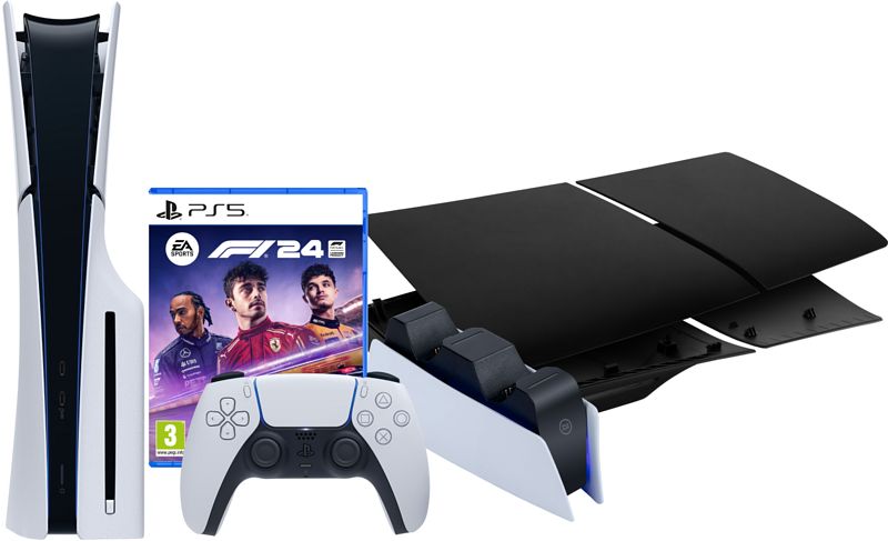 Foto van Playstation 5 slim disc edition + f1 24 + covers zwart + oplaadstation