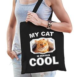 Foto van Katoenen tasje my cat is serious cool zwart - rode katten / katten cadeau tas - feest boodschappentassen