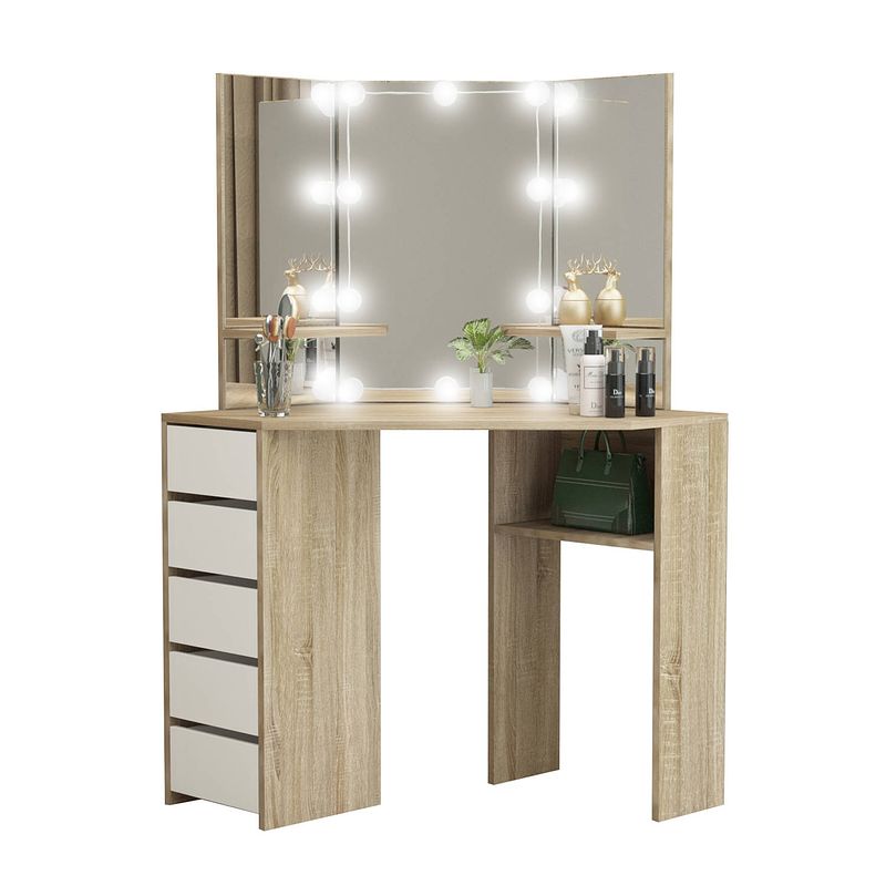 Foto van Kaptafel met led verlichting spiegel en krukje 110x141,5x54 cm mdf hout ml-design