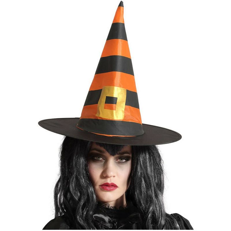 Foto van Halloween heksenhoed stripes  - one size - zwart/oranje - meisjes/dames - verkleedhoofddeksels