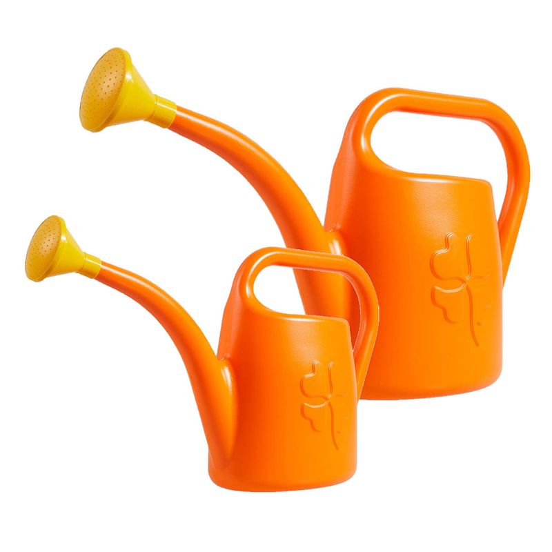 Foto van Combi-set kunststof bloemen/planten gieters met broeskop/sproeikop oranje 1.8 en 4,5 liter - gieters