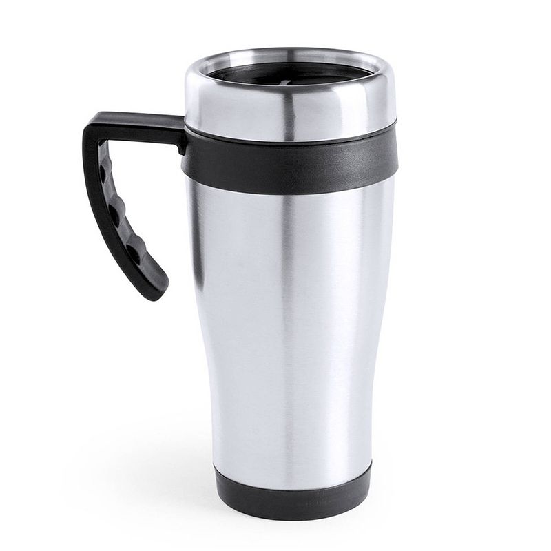 Foto van Warmhoudbeker/thermos isoleer koffiebeker/mok - rvs - zilver/zwart - 450 ml - thermosbeker