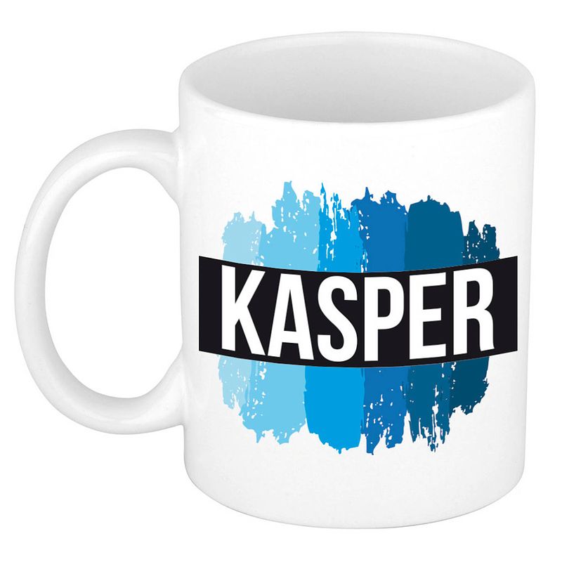 Foto van Naam cadeau mok / beker kasper met blauwe verfstrepen 300 ml - naam mokken