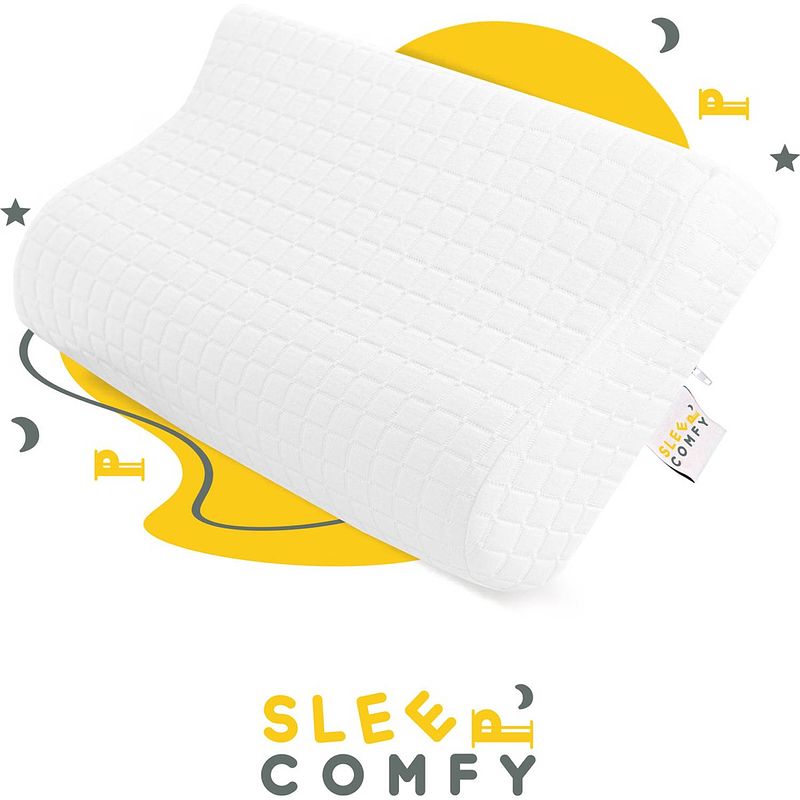 Foto van Sleep comfy - traagschuim hoofdkussen - geschikt voor rug-, zij-en buikslapers - mini neksteun kussen 46x30x10/8 cm