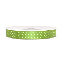 Foto van 1x hobby/decoratie appel groen satijnen sierlinten met witte stippen 1,2 cm/12 mm x 25 meter - cadeaulinten