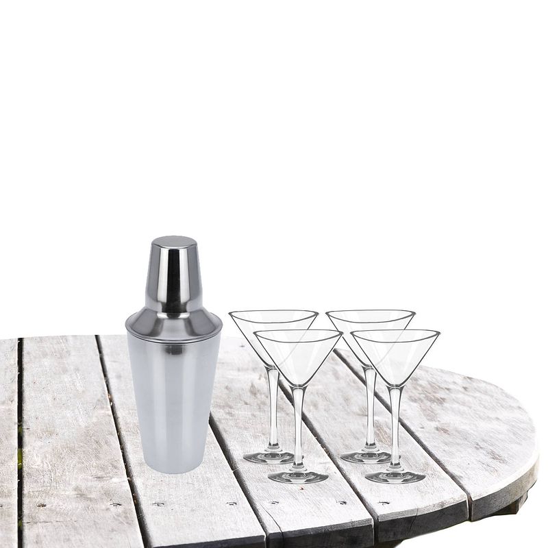 Foto van Cocktailshaker met 4x cocktailglazen martini transparant 250 ml - cocktailglazen