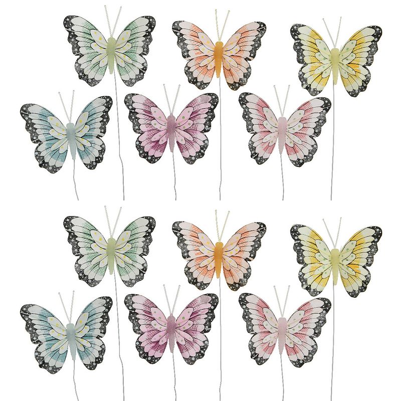 Foto van 12x stuks decoratie vlinders op draad gekleurd - 8 cm - hobbydecoratieobject