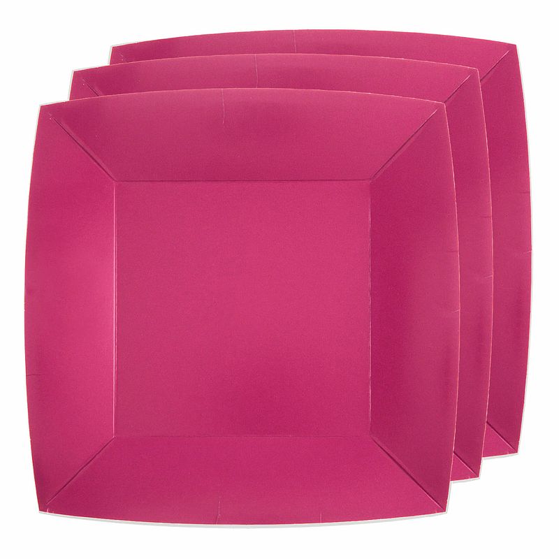 Foto van 20x stuks feest diner bordjes papier/karton vierkant - fuchsia - 23cm - feestbordjes