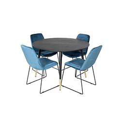 Foto van Dippø115blbr eethoek eetkamertafel zwart en 4 muce eetkamerstal velours blauw.