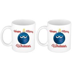 Foto van Set van 2x stuks happy merry whatever kerstcadeau kerstmokken grumpy blauwe kerstbal 300 ml - bekers