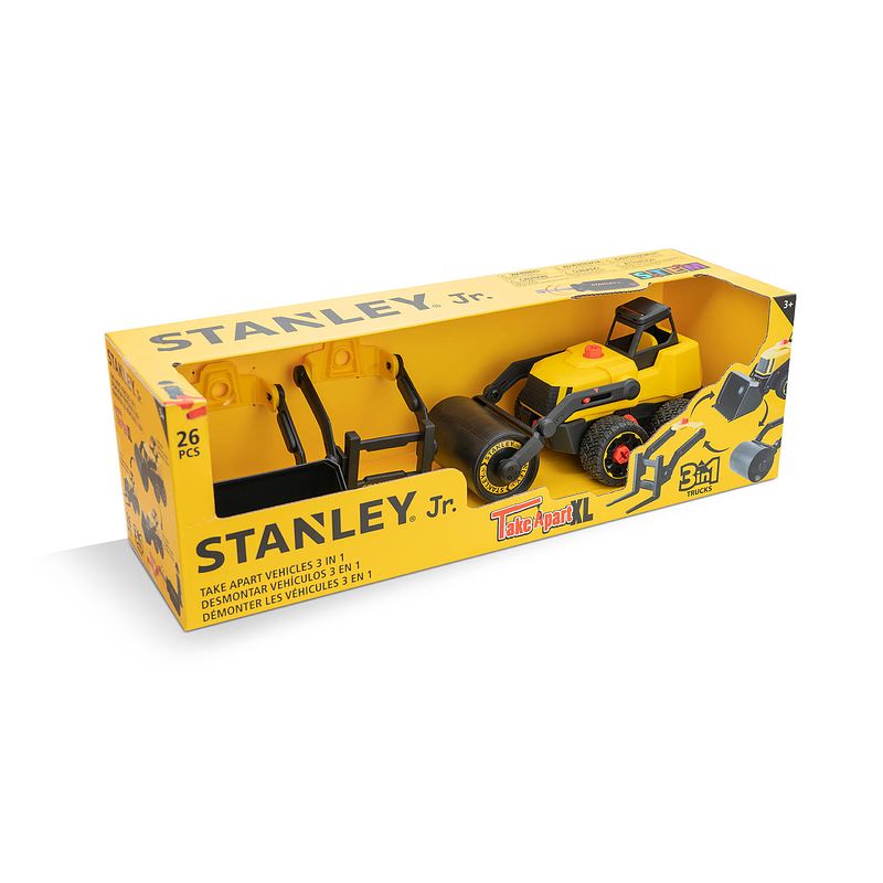 Foto van Stanley 3-in-1 speelgoed voertuig - 3 opzetstukken - vorklift - wals - wiellader - incl. schroevendraaier - geel/zwart