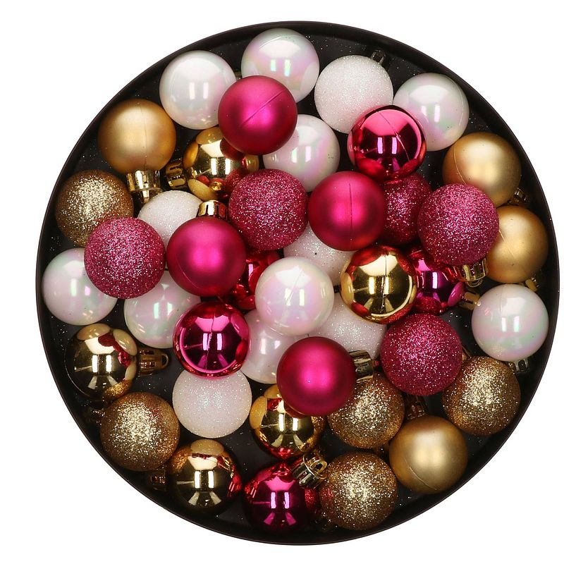 Foto van 42x stuks kunststof kerstballen mix bessen roze/goud/parelmoer wit 3 cm - kerstbal