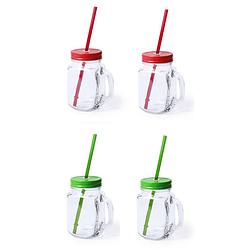 Foto van 4x stuks drink potjes van glas mason jar groen/rood 500 ml - drinkbekers