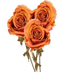 Foto van Top art kunstbloem roos calista - 3x - oranje - 66 cm - kunststof steel - decoratie bloemen - kunstbloemen