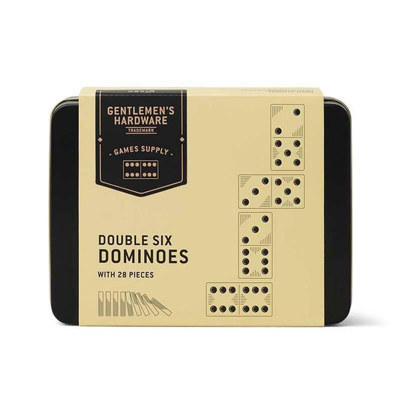 Foto van Gentlemen's hardware double six dominoes - 28 domino stenen - in stijlvol tinnen blik
