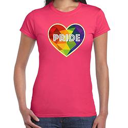 Foto van Bellatio decorations gay pride shirt - pride hartje - regenboog - dames - roze xs - feestshirts