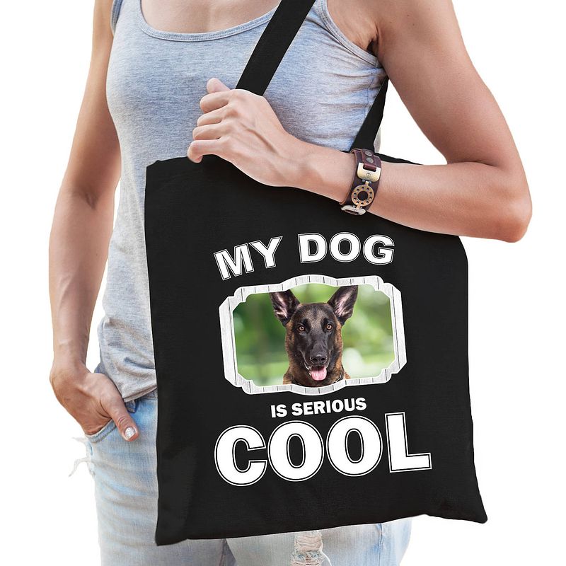 Foto van Katoenen tasje my dog is serious cool zwart - mechelse herder honden cadeau tas - feest boodschappentassen