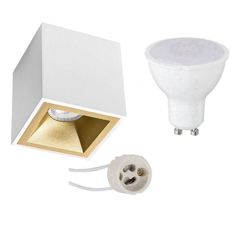 Foto van Opbouwspot set - pragmi cliron pro - gu10 fitting - opbouw vierkant - mat wit/goud - 6w - natuurlijk wit 4200k -