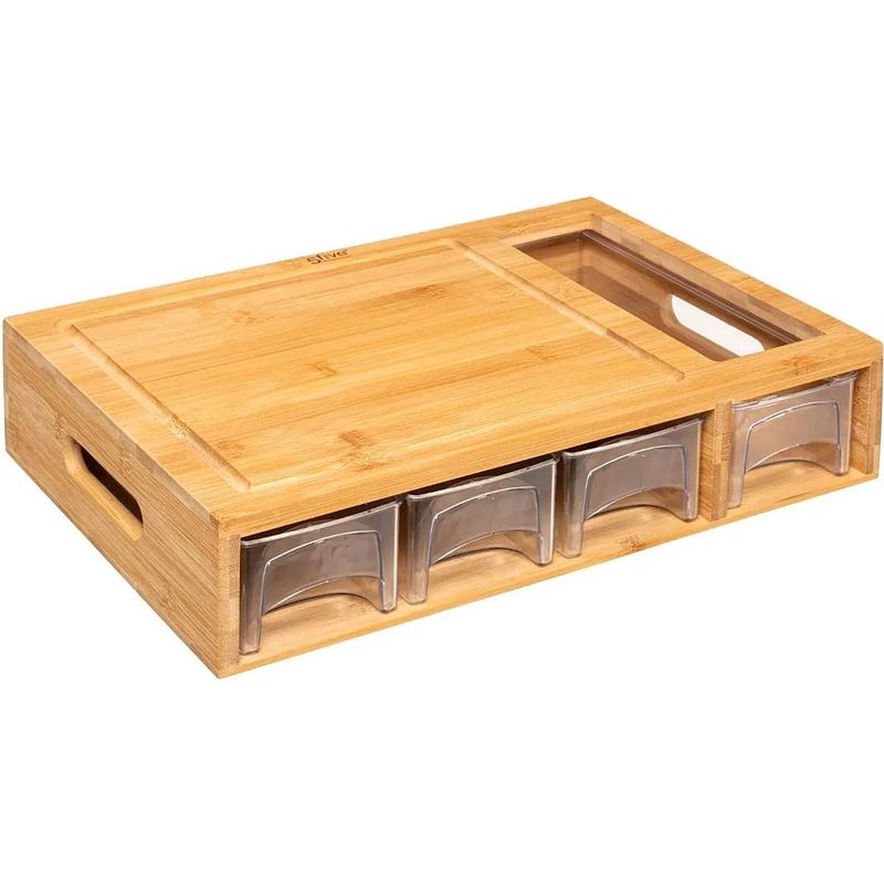 Foto van Snijplank rechthoek met 4 opvangbakjes 35 x 28 cm van bamboe hout - snijplanken