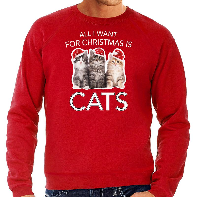 Foto van Rode kersttrui / kerstkleding all i want for christmas is cats voor heren 2xl - kerst truien