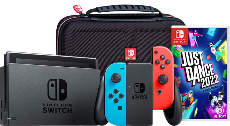 Foto van Nintendo switch rood/blauw + just dance 2022 + big ben travel case